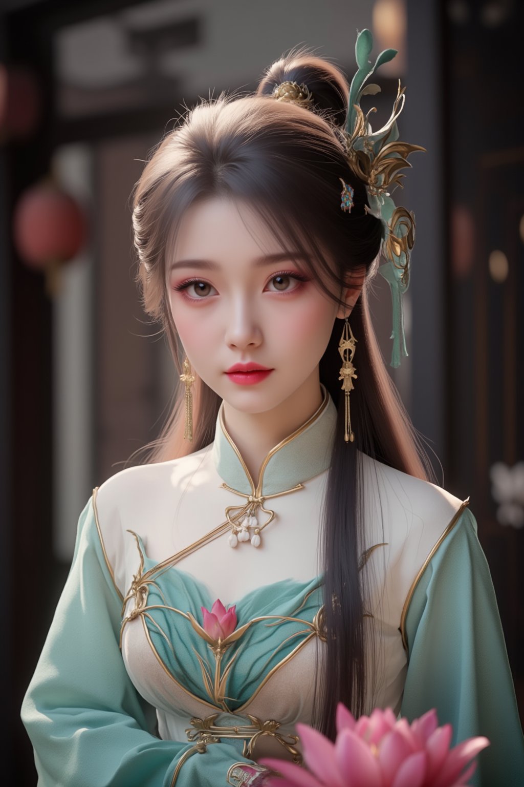 A school girl,solo ,XxiaoxunerX,bule Hanfu, lotus, Yunnan ancient town street