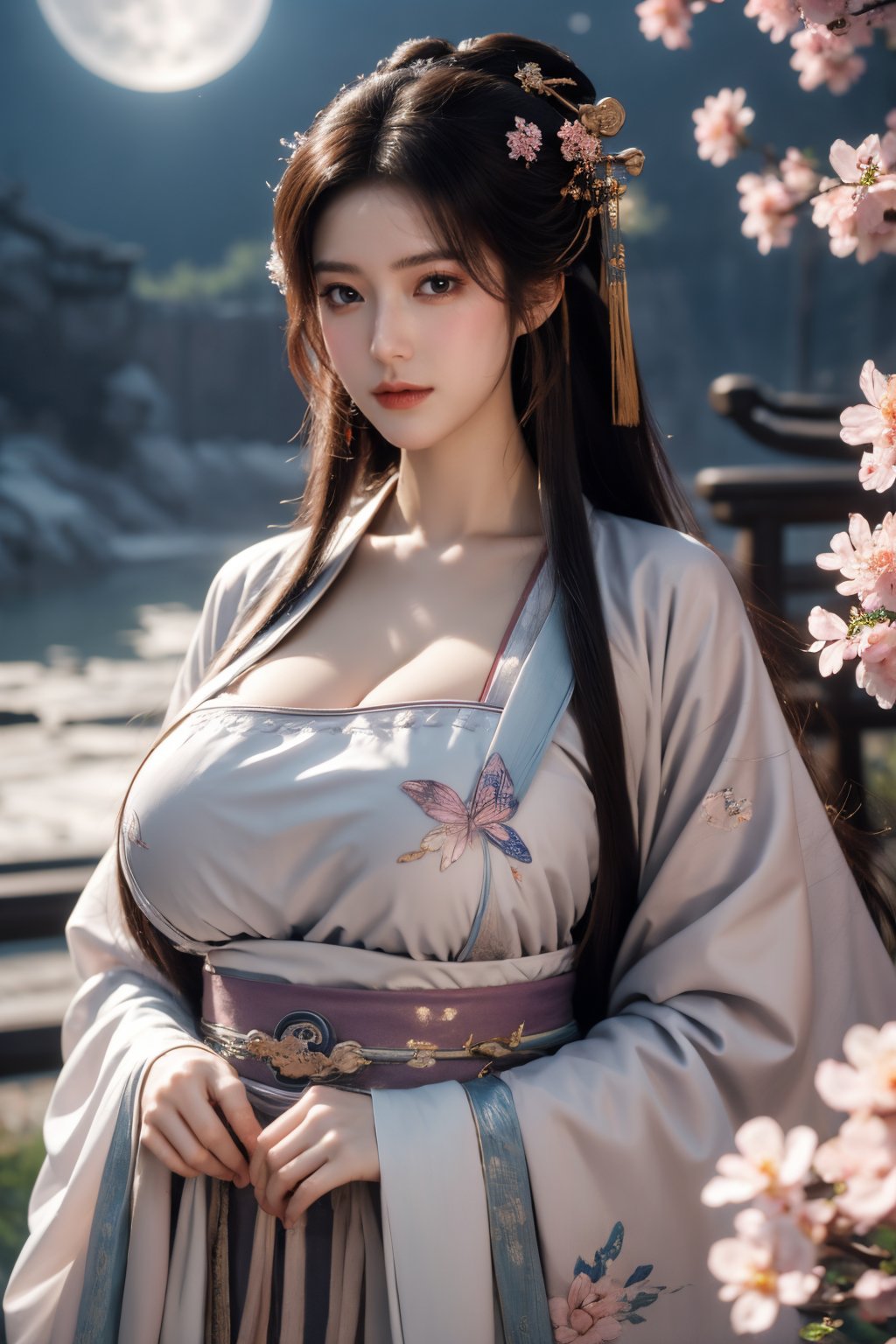 (masterpiece, best quality:1.2), highres, extremely detailed, 1girl, purple hair, eye highlights,BREAK,(light pink hanfu dress:1.39), frills, outdoors, flower, fluttering petals, upper body, depth of field,pastel color, Depth of field,(garden of the sun,shiny,flowers, garden, 1girl, butterfly style, butterflies:1.23), ultra detailed, glary,Light, light particles,glitter,reflect,(big breasts:1.69),Xyunxiao,(full moon:1.39),waterfall 