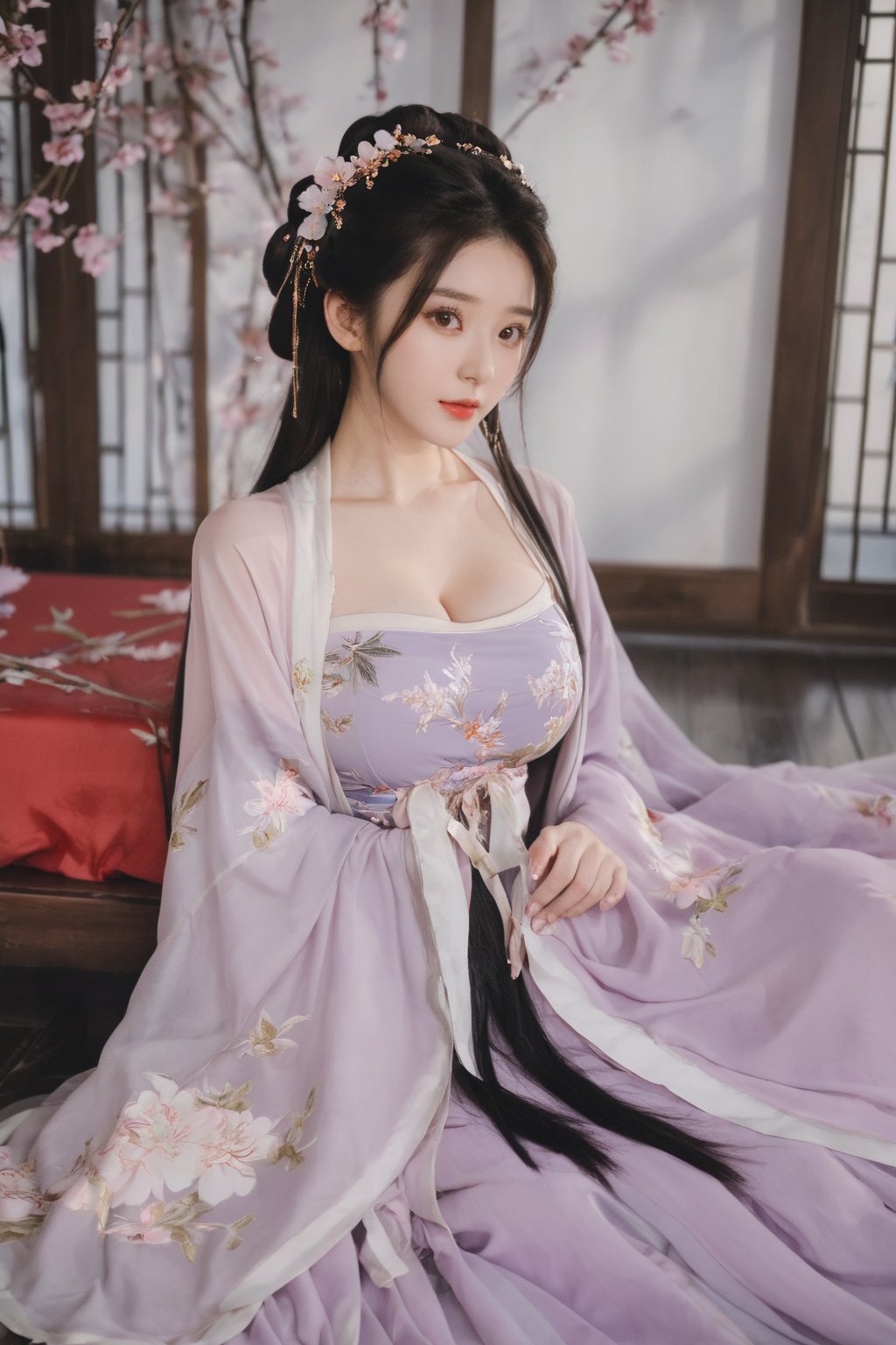 (masterpiece, best quality:1.2),1girl, solo, long hair, black hair,Hairpins,necklace, hair ornament, dress, full body, (huge breasts:2.29), (full breasts:1.69),flower, earrings, indoors, hair bun, (light purple-black dress:1.29),(Tube top Hanfu long skirt:1.1), pillow, bed, night, chinese clothes, table, branch,daxiushan, ,daxiushan style,(huge breasts:2.39), (full breasts:1.79), realistic,hanfu, daxiushan,Shoulders are exposed, , daxiushan, arien_hanfu, FilmGirl,,Xyunxiao,weijin_hanfu,Xningyudie