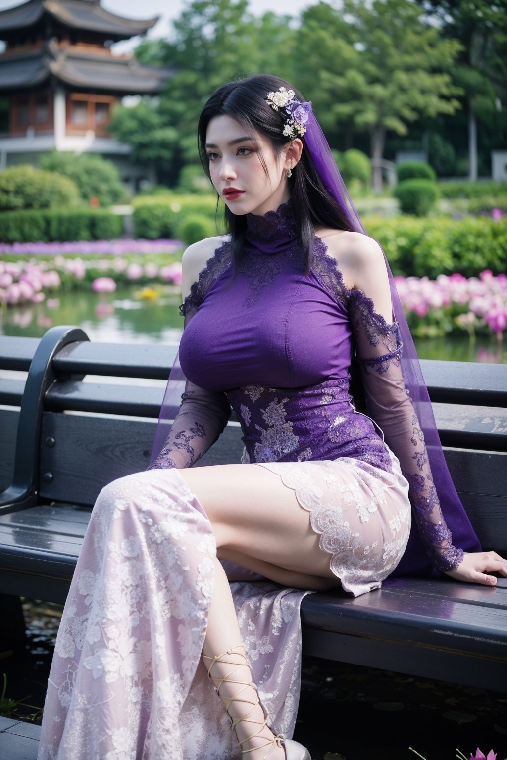 masterpiece,1girl,(mature female:0.5),tall body,golden proportions,(Kpop idol),(shiny skin:1.2),(oil skin:1.1),makeup,(close up),depth of field,(closed mouth:0.5),((long wavy purple hair)),(puffy eyes),(eyelashes:1.1),(parted lips:1.1),red lipstick,fantasy art style,dreamy light,(high neck purple wedding dress:1.59),(dark purple long wedding dress:1.39),(purple lace:1.36),(All clothes are purple:1.49),perfect body,(purple dreamy veil:1.3),(dusk:1.2),(princess shoes:1.1),(diamond necklace),(crystal hairpin),tyndall effect,highres,BREAK,(Sitting on a garden bench in a garden full of peony flowers, next to a lotus pond with ancient Chinese architecture in the background:1.49), (big breasts:2.33),(Lotus Pond,purple Flower:1.59)