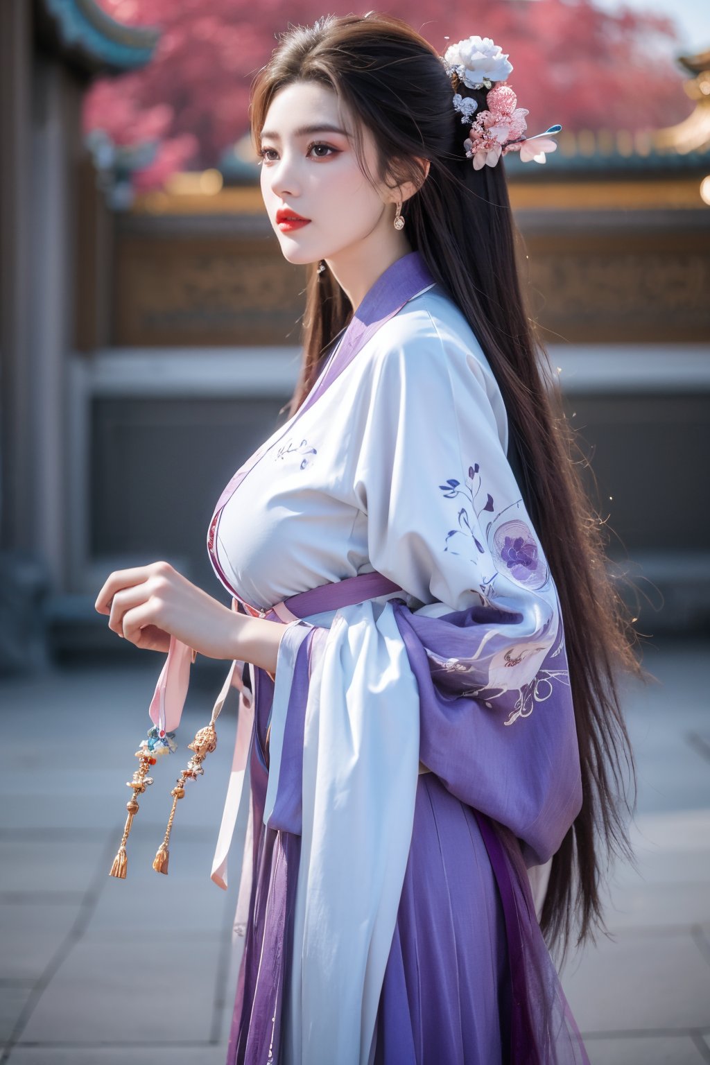 Masterpiece, Best Quality,young and beautiful Chinese girl wearing a cheongsam with coiled hair,wearing vintage Chinese earrings, (big breasts:1.52),1girl, half, (Masterpiece:1.2), best quality,arien_hanfu, 1girl, (pink flowers:1.29), (purple hanfu dress:1.29),looking_at_viewer, , (big breasts:1.53),Young beauty spirit,（The background is the Forbidden City1.39）,Xyunxiao