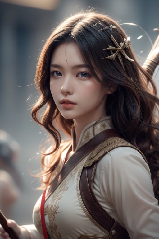 background is ancient war,an archer,1 girl,beautiful korean girl, holding a battle bow, arrow,ready to shoot, hair_past_waist(curly hair, dark hair),
Best Quality, photorealistic, ultra-detailed, finely detailed, high resolution, perfect dynamic composition, sharp-focus, 