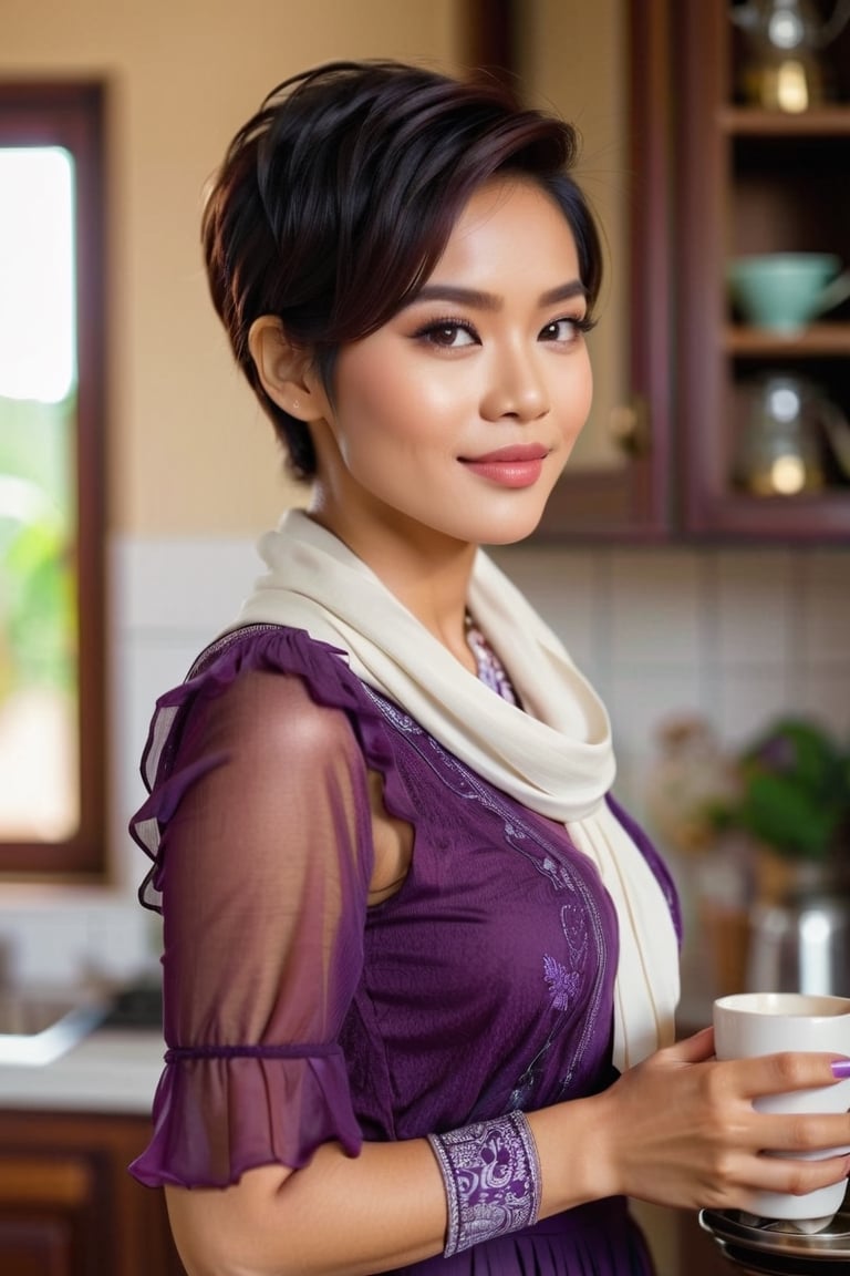 beautiful retro pixie hair. 28 year old Indonesian woman with a charming body wearing a purple v home dress, wearing a white scarf, normal fingers, holding coffee in her hand, visible behind her is the kitchen giving distance so that the composition looks dynamic, 4K, natural colors, sharp