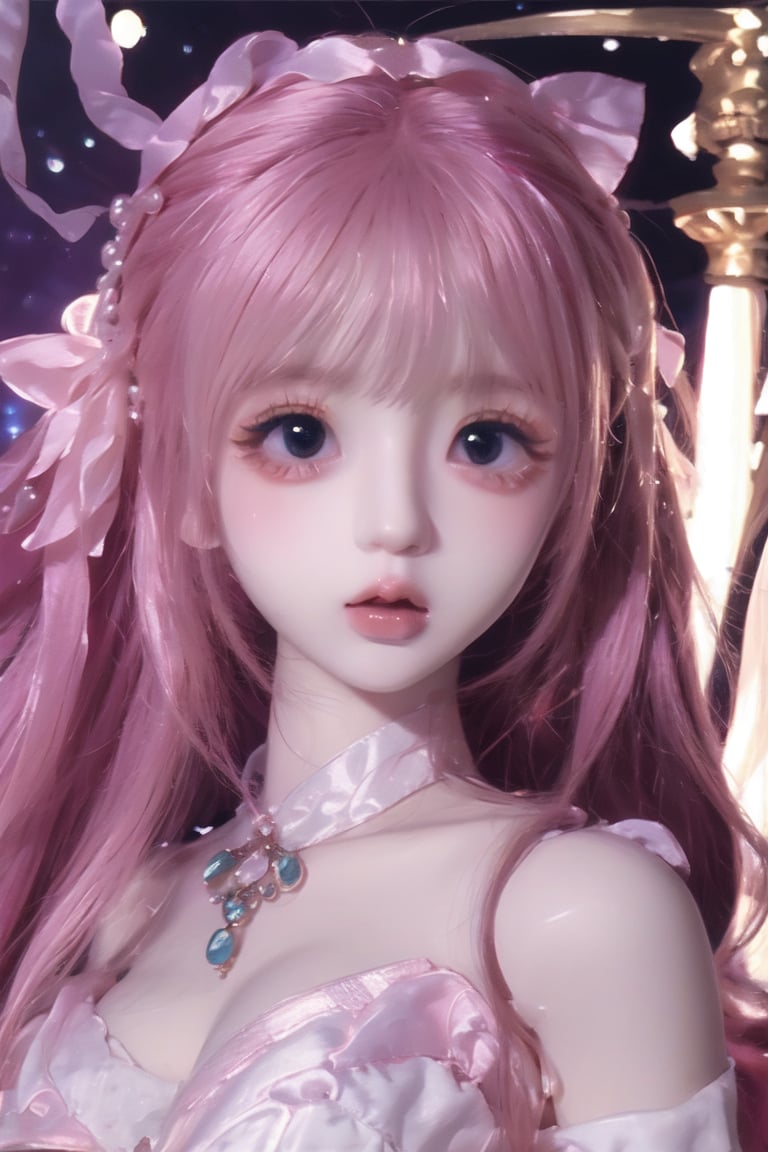 a cute doll, cyan pink hair, long gold and white dress ocean , detailed face, vines, stars, ((surrealism)), (abstract), intricately detailed   art triadic colors, fantastical, splash screen, fantasy high magic concept art, 8k resolution, (masterpiece), oil painting, heavy strokes, HW*,long hair ,hair bangs are above the eyebrows,pink lips,no bang,Narin,beautyniji,1girl,women,girl,realistic,EpicDoll,pink lips,EpicMakeup,short neck,cute face,