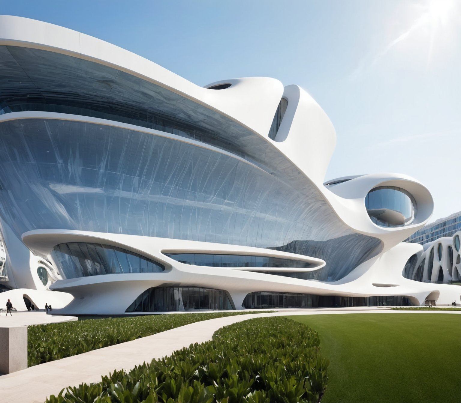 (master piece)(biomorphic building), rhombuses facade pattern, zaha hadid, Calatrava, glass windows,  concrete,  house with tesselated facade, front street view,photo-realistic,hyper-realistic, parametric architecture,8k, ultra details,Low-rise building,Manufactured goods,Theatre stadium,Tower,ellipsoid,tarmac,Air terminal,seaside,Golden fashion,Minimalist style,Water style,mobility,

An architectural wonder with a daring configuration and ground-breaking design.This structure could be a museum or a company building.4k image photo like,(detailed)