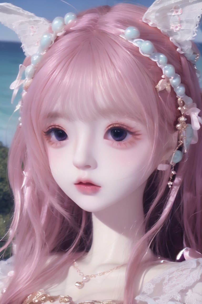 a cute doll, cyan pink hair, long gold and white dress ocean , detailed face, vines, stars, ((surrealism)), (abstract), intricately detailed   art triadic colors, fantastical, splash screen, fantasy high magic concept art, 8k resolution, (masterpiece), oil painting, heavy strokes, HW*,long hair ,hair bangs are above the eyebrows,pink lips,no bang,Narin,beautyniji,1girl,women,girl,realistic,EpicDoll,pink lips,EpicMakeup,short neck,cute face,