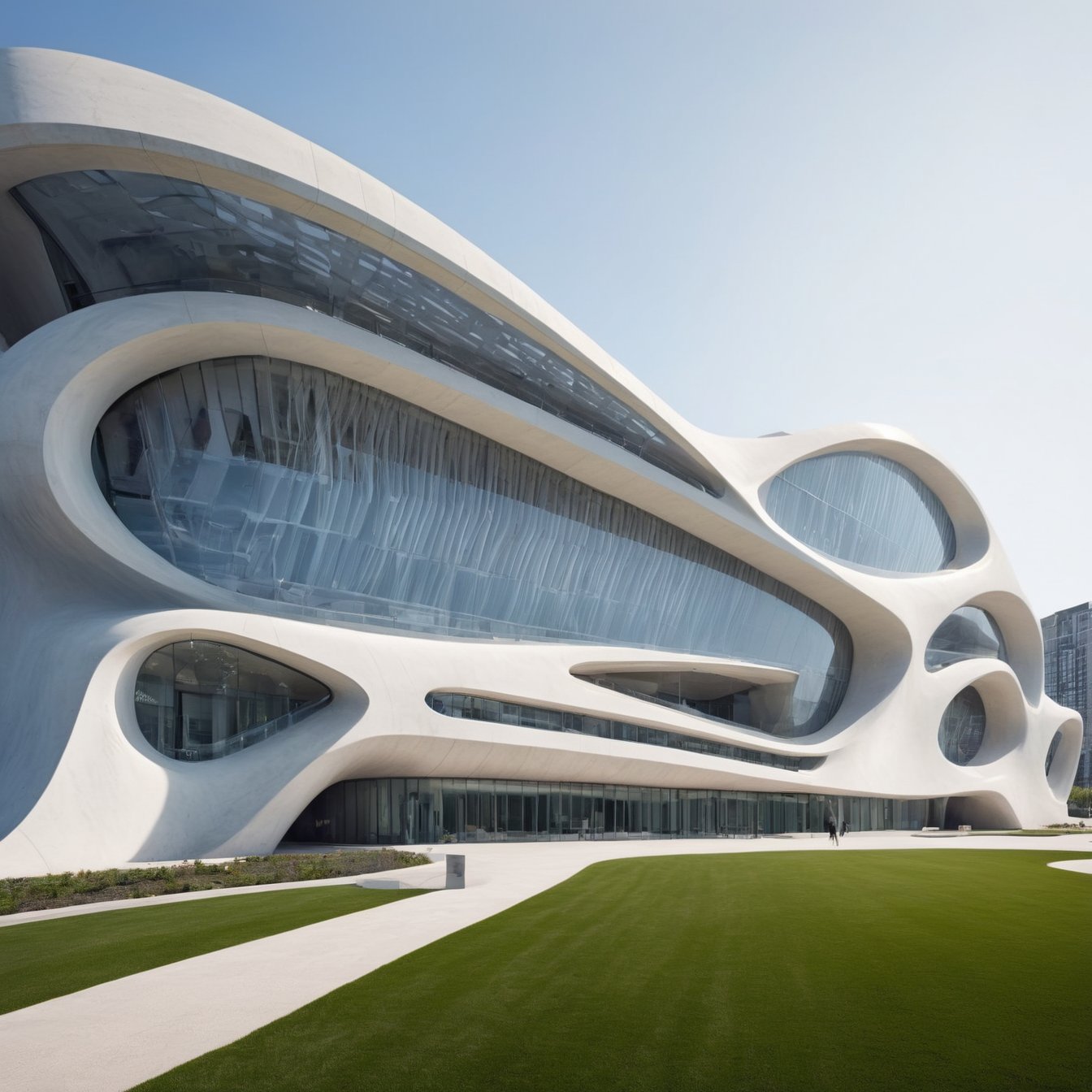 (master piece)(biomorphic building), rhombuses facade pattern, zaha hadid, Calatrava, glass windows,  concrete,  house with tesselated facade, front street view,photo-realistic,hyper-realistic, parametric architecture,8k, ultra details,Low-rise building,Manufactured goods,Theatre stadium,Tower,ellipsoid,tarmac,Air terminal,seaside,Golden fashion,Minimalist style,Water style,mobility,

An architectural wonder with a daring configuration and ground-breaking design.This structure could be a museum or a company building.4k image photo like,(detailed)