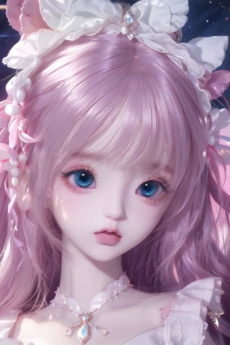 a cute doll, cyan pink hair, long gold and white dress ocean , detailed face, vines, stars, ((surrealism)), (abstract), intricately detailed   art triadic colors, fantastical, splash screen, fantasy high magic concept art, 8k resolution, (masterpiece), oil painting, heavy strokes, HW*,long hair ,hair bangs are above the eyebrows,pink lips,no bang,Narin,beautyniji,1girl,women,girl,realistic,EpicDoll,pink lips,EpicMakeup,short neck,cute face,