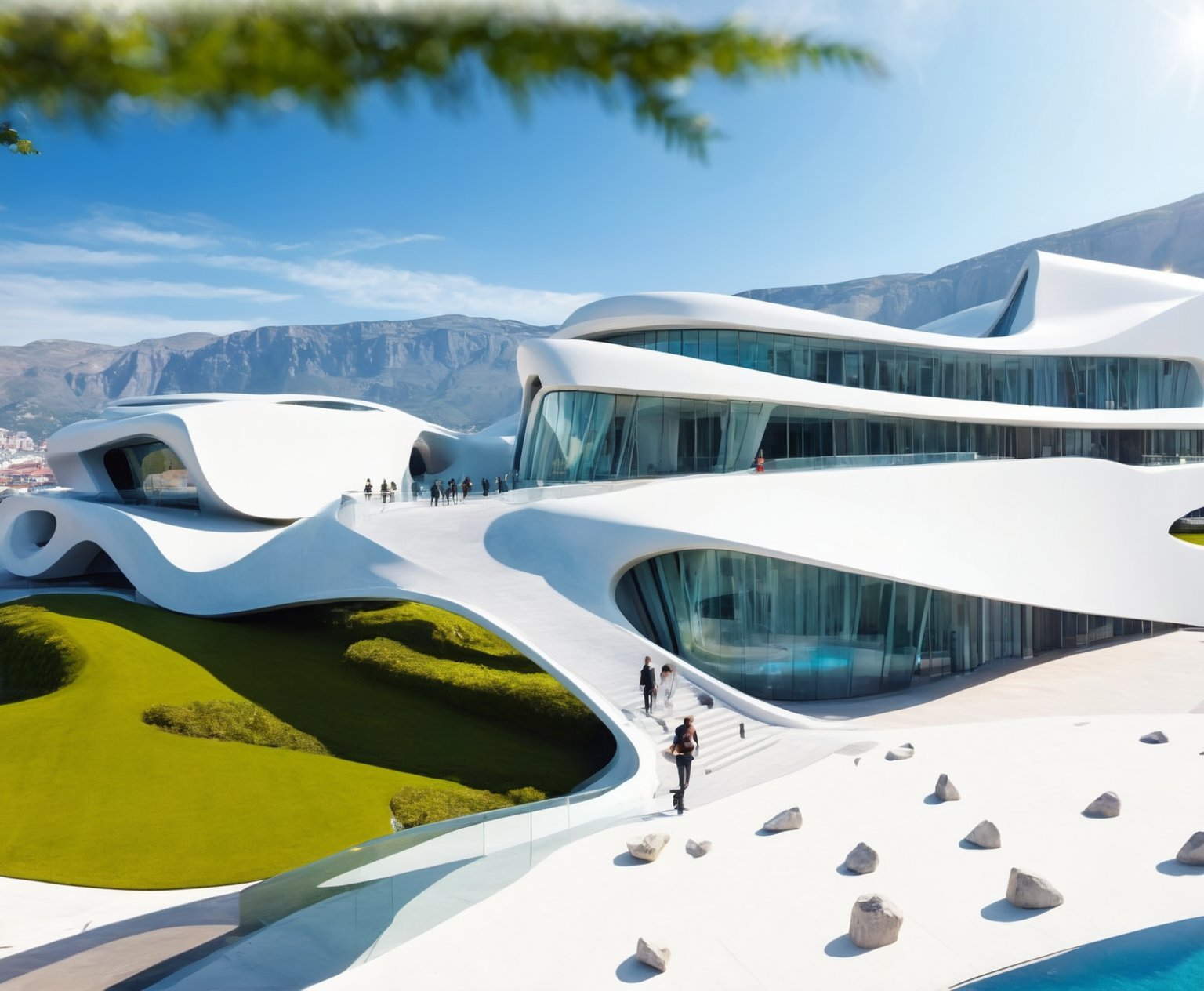 (master piece)(biomorphic building), rhombuses facade pattern, zaha hadid, Calatrava, glass windows,  concrete,  house with tesselated facade, front street view,photo-realistic,hyper-realistic, parametric architecture,8k, ultra details,Low-rise building,Manufactured goods,Theatre stadium,Tower,ellipsoid,tarmac,Air terminal,seaside,Golden fashion,Minimalist style,Water style,mobility,

An architectural wonder with a daring configuration and ground-breaking design.This structure could be a museum or a company building.4k image photo like,(detailed)