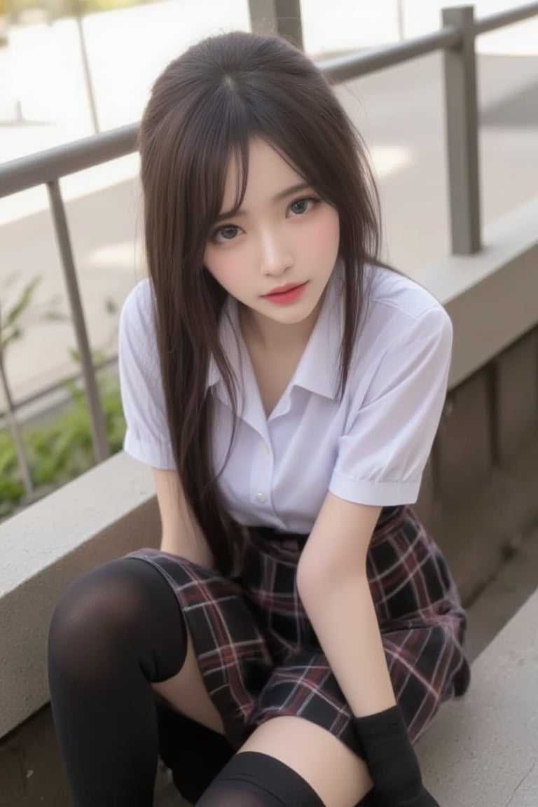 1girl, solo, long hair, looking at viewer, smile, skirt, shirt, black hair, sitting, school uniform, white shirt, short sleeves, socks, black eyes, head tilt, plaid, kneehighs, cosplay, plaid skirt, ground vehicle, black socks, realistic, shiny pantyhose,