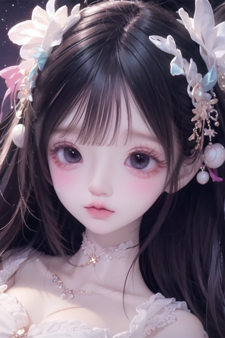 a cute doll, cyan pink hair, long gold and white dress ocean , detailed face, vines, stars, ((surrealism)), (abstract), intricately detailed   art triadic colors, fantastical, splash screen, fantasy high magic concept art, 8k resolution, (masterpiece), oil painting, heavy strokes, HW*,long hair ,hair bangs are above the eyebrows,pink lips,no bang,Narin,beautyniji,1girl,women,girl,realistic,EpicDoll,pink lips,EpicMakeup,short neck,cute face,