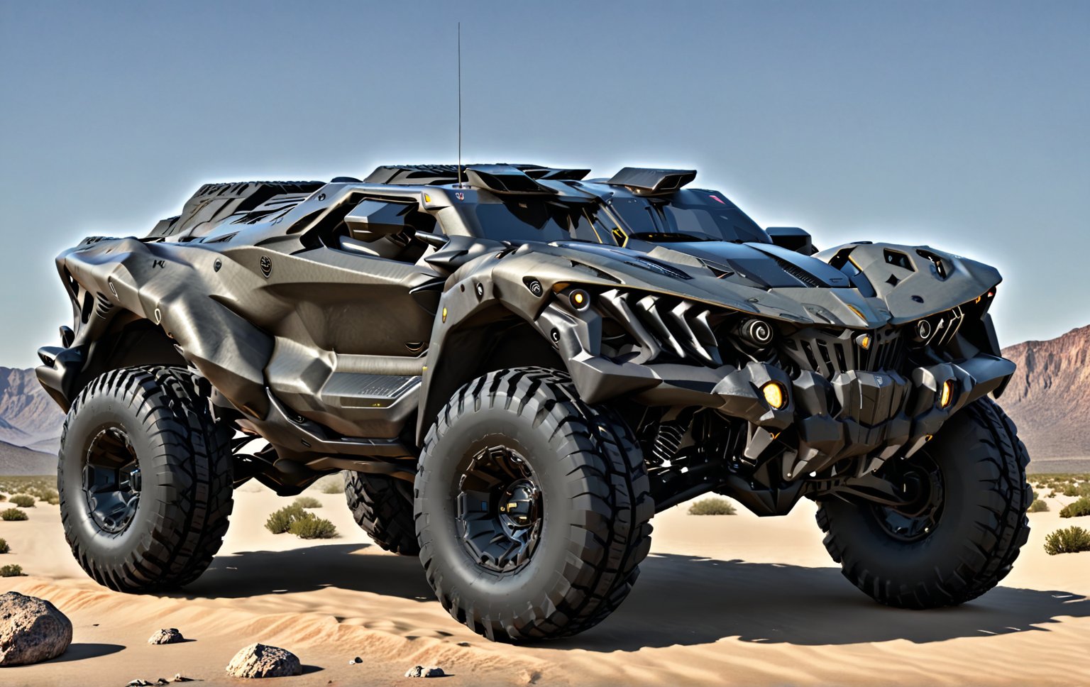 Masterpiece, 4k, High Resolution, Octane Render, Unreal Engine 5, Award Winning, Dramatic Lighting, Intricate, 8k Highly Professional Detail, HDR, Smooth, Sharp Focus, Illustration, Unreal Engine 5, Octane Render, Cinematic Light, dynamic volumetric lighting, Off-road suspension,baja, Armored vehicle,suv, all-terrain vehicle, concept, science fiction,(gmc:0.5), Peterbilt 389,concept car,(f350:0.2),oshkosh m-atv,mrap, jltv,humvee, Knight XV ,KOMBAT,mint 400, Lamborghini Countach 1980,Benz Ener-G-Force Concept Car,sr-71,future,TechStreetwear,Super wide tires, super wide chassis,No rear-view mirror,ROBOT,exosuit,LegendDarkFantasy, 3D SINGLE TEXT,HYPER REAL,mecha\(hubggirl)\,tactical gear