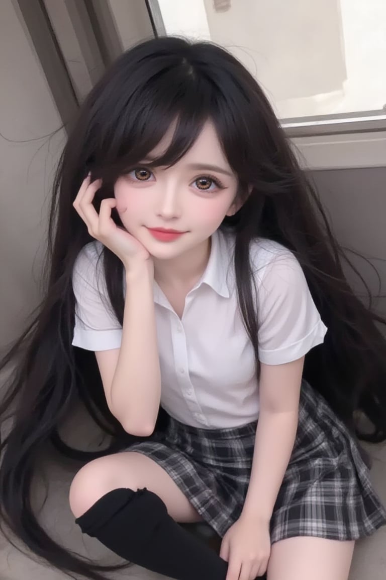 1girl, solo, long hair, looking at viewer, smile, skirt, shirt, black hair, sitting, school uniform, white shirt, short sleeves, socks, black eyes, head tilt, plaid, kneehighs, cosplay, plaid skirt, ground vehicle, black socks, realistic, hand on own cheek, 