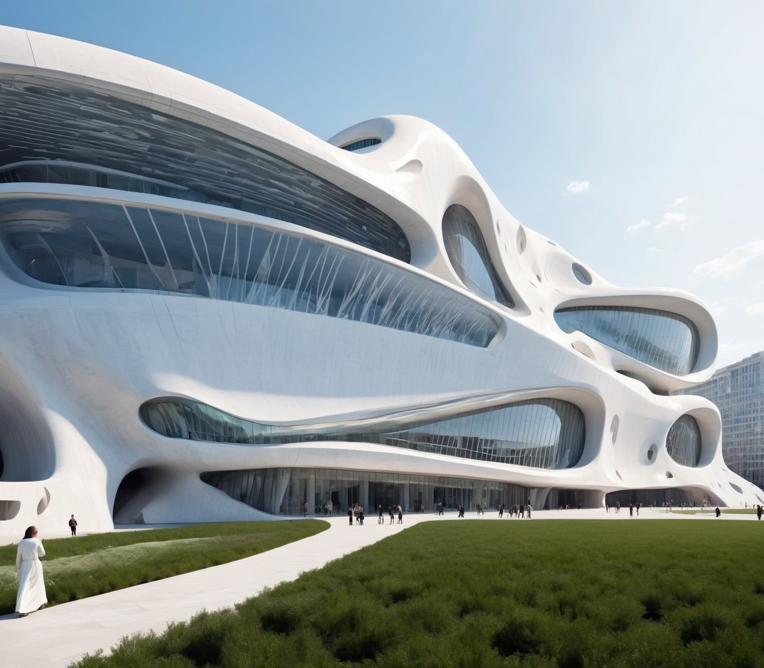 (master piece)(biomorphic building), rhombuses facade pattern, zaha hadid, Calatrava, glass windows,  concrete,  house with tesselated facade, front street view,photo-realistic,hyper-realistic, parametric architecture,8k, ultra details,Low-rise building,Manufactured goods,Theatre stadium,Tower,ellipsoid,tarmac,Air terminal,seaside,Golden fashion,Minimalist style,Water style,mobility,

An architectural wonder with a daring configuration and ground-breaking design.This structure could be a museum or a company building.4k image photo like,(detailed)