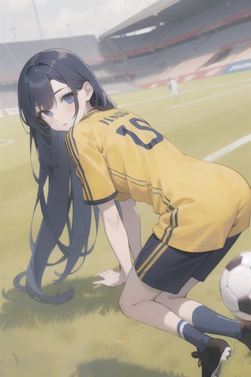 1girl,long_hair,pale_skin,dark blue_hair,in a soccer jersey,on the pitch