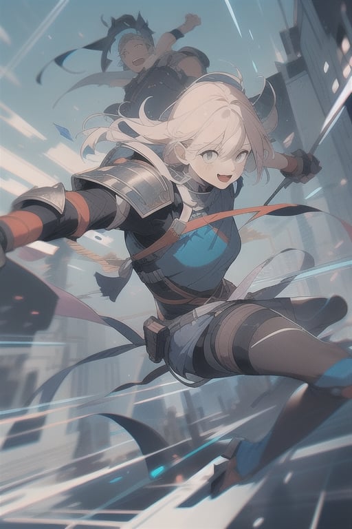 very aesthetic,1boy, 1girl, {{{ambriel (arknights))}}}, alternate costume, {armor},gauntlets ,pauldrons ,thighhighs,excited,{{punching viewer}},motion lines ,action, best quality, amazing quality, very aesthetic, absurdres