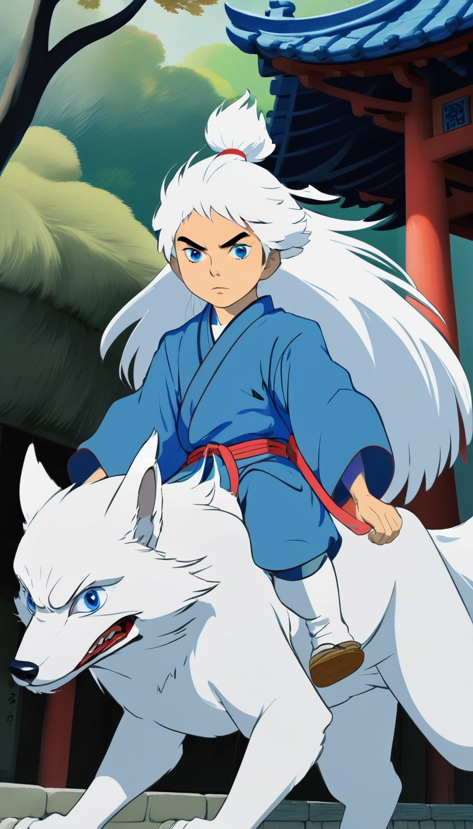 asian 9years old boy, long white wolf hair, white eyebrow, dark blue eyes, full body, japanese temple view, 2d, riding wolf