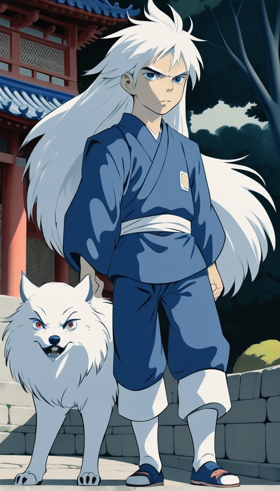 asian 9years old boy, long white wolf hair, white eyebrow, dark blue eyes, full body, japanese temple view, 2d