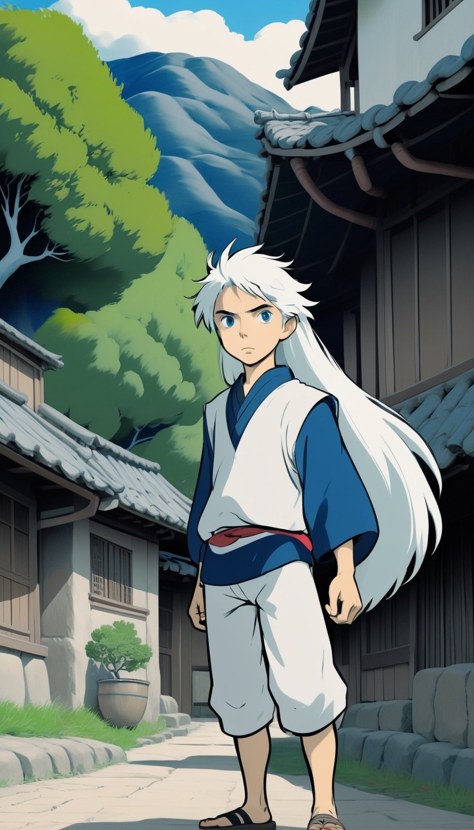 asian 9years old boy, long white wolf hair, dark blue eyes, full body, japanese village square view, 2d, ghibli style, poor cloth