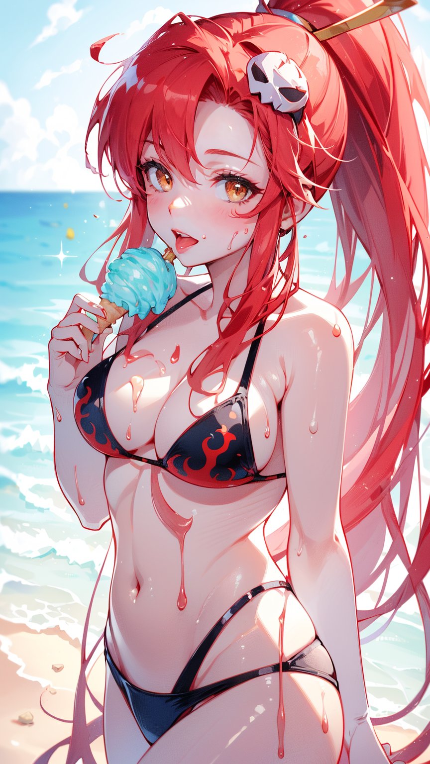 (1 girl), (yellow eyes), (red long hair), (ponytail hairstyle), (White Cute Little Skull Headpiece), (happy smile), ((eating soft serve ice cream with tongue)), ((sexy design bikini)), ultra high resolution, 8k, Hdr, daytime, in the beach, (sweat all over the face)