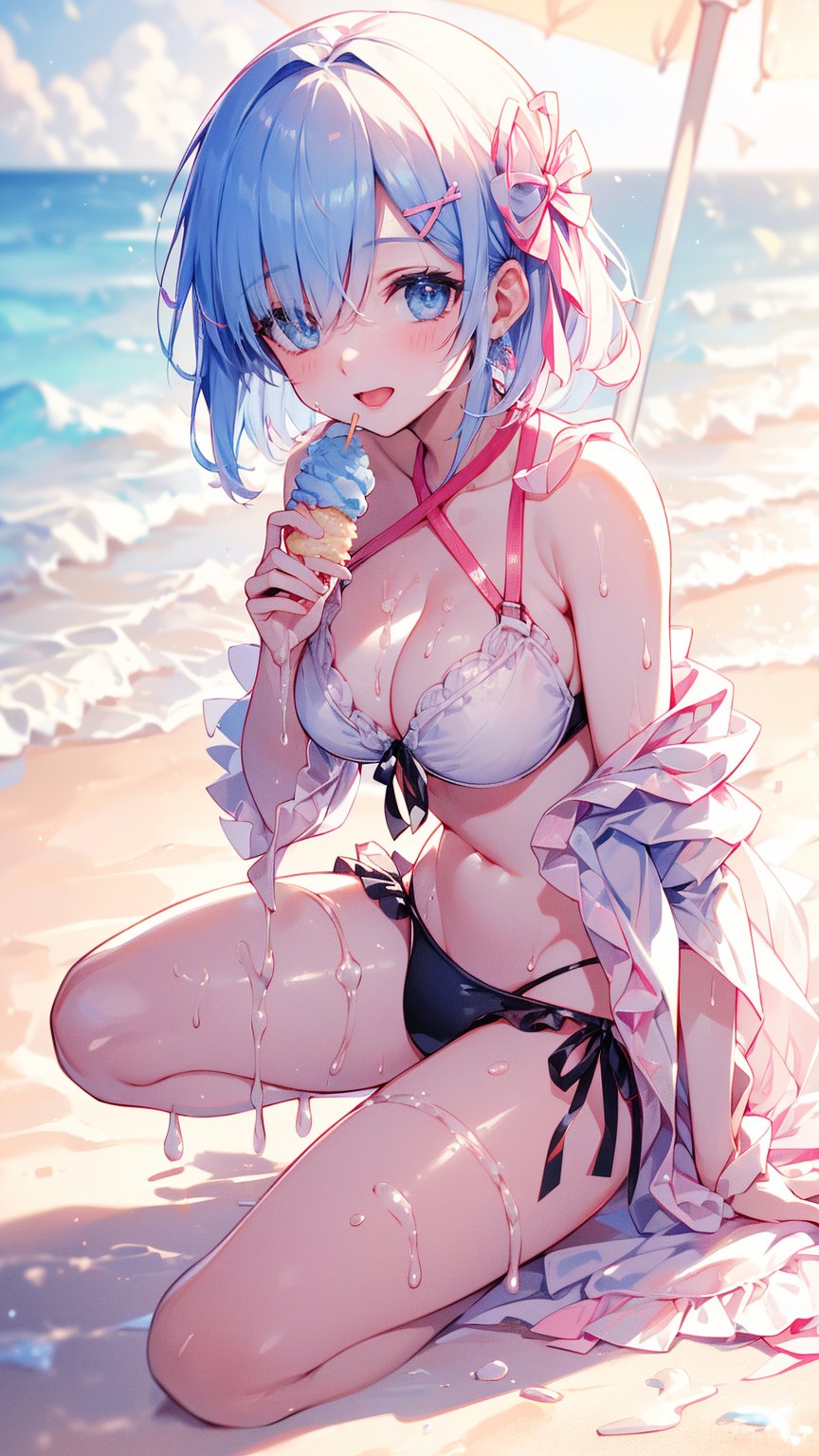 (1 girl), blue eyes, ((blue short hair)), ((the fringe on the right side of hair covers eyes)), (Pink Hairpin), full Body, (happy smile), (eating soft serve ice cream with tongue)), ((sexy design bikini)), ultra high resolution, 8k, Hdr, daytime, in the beach, (sweat all over the face)