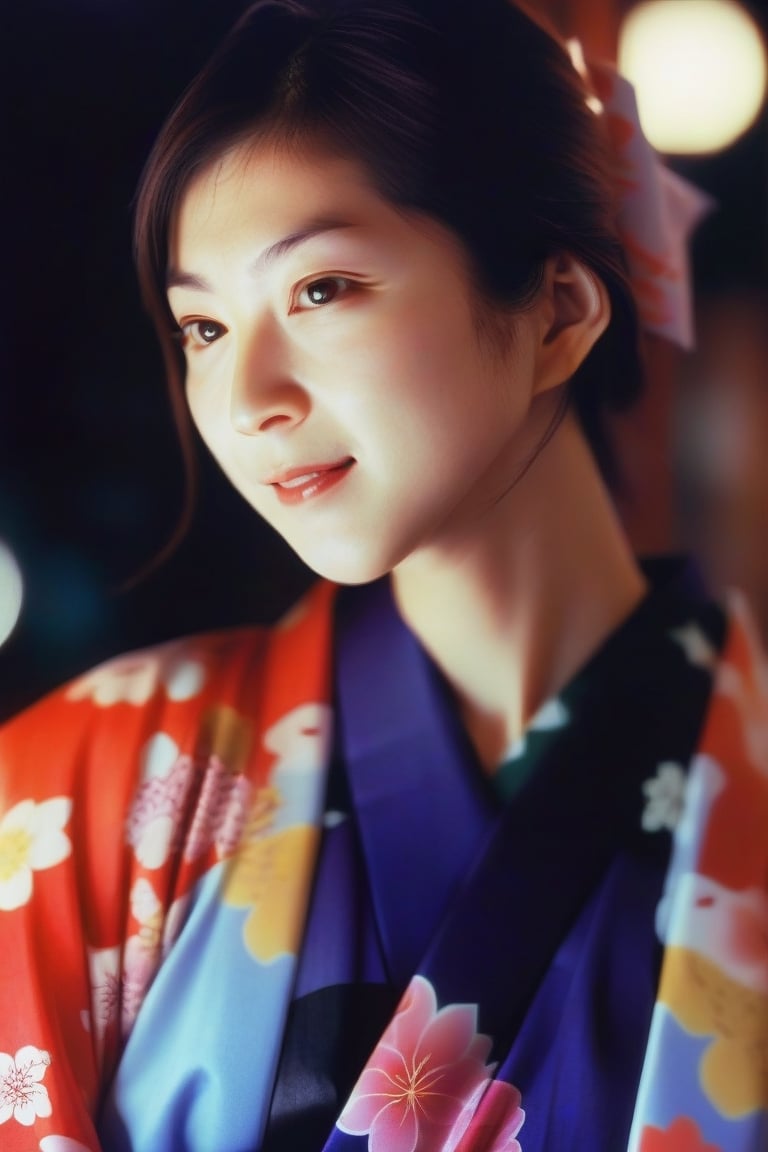 woman, half smile, middle hair, 90s,japanese, kimono, japan, night, dim light