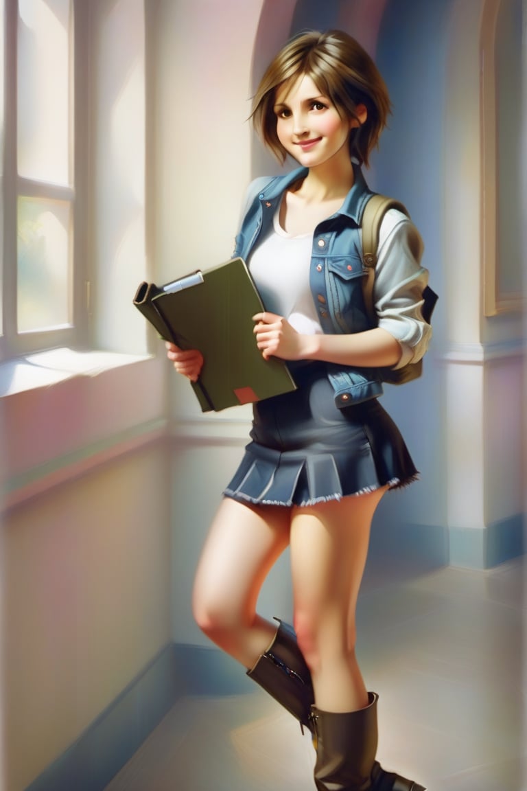 1 girl standing, university corridor, looking back, short brown hair,white shirt,denim jacket,miniskirt,low military boots,stockings to the knee,folder in hand, blushing, smile