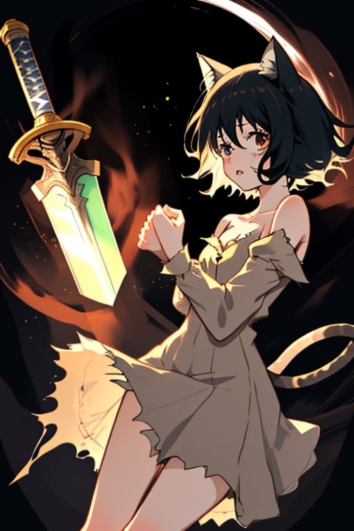 Anime,Fran, teenage girl, short light brown dress, torn dress, tight dress, black hair, short hair, bangs, cat ears, cat tail, scared, two hands sword, woods, nighttime, legs, no sleeves, cleavage, small boobs