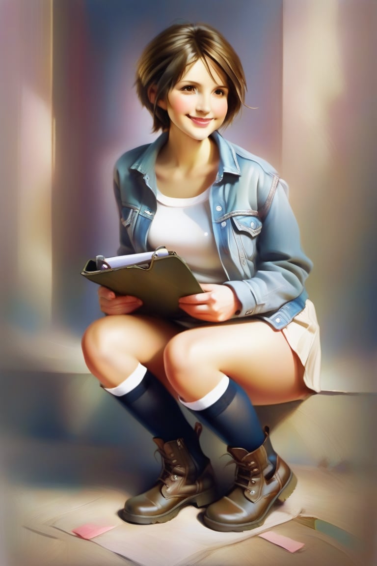 sit on ground, open legs, covering panties,short brown hair,white shirt,denim jacket,miniskirt,low military boots,stockings to the knee,folder in hand, blushing, smile