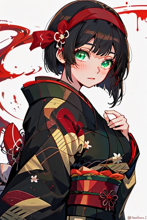 woman,Mio, kimono, normal breasts, black hair, short hair, red hairband, green eyes.
Little girl, blue eyes, kimono, black hair, long hair, hugging