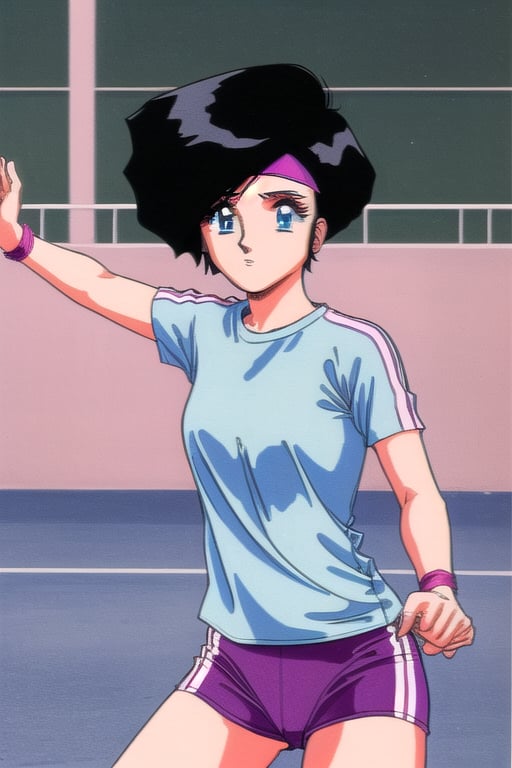 Linna,Short black hair,Hairband,Blue eyes, loose tshirt, 80s aerobic clothes