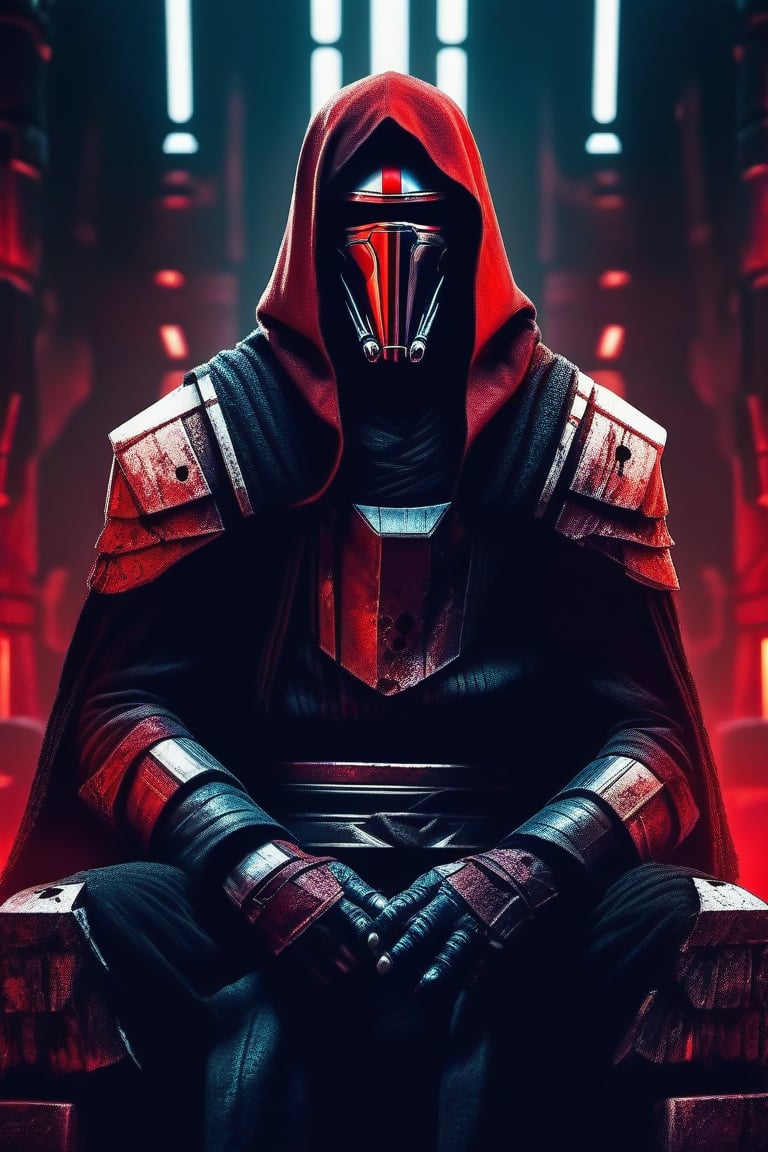 starwars, revan, sith,  dark ruins, red ambient, sit on throne, mask on hands, young man, brown beard, face full of holes and wounds