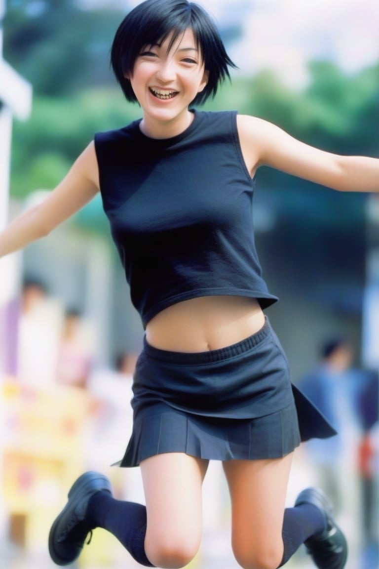 1 girl, half smile, short hair, 90s,japanese, sleeveless, short tshirt. black hair, miniskirt, belly, jumping