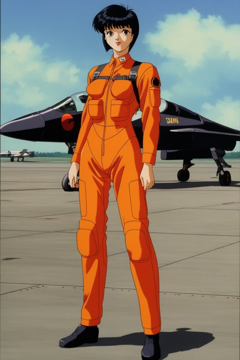 mitaka, black hair, short hair, orange_fligtsuit, airfield, retro_artstyle, 90s,90s,retro artstyle