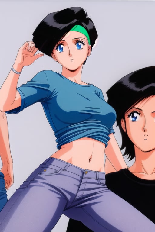 Linna,Short black hair,Hairband,Blue eyes, loose tshirt, navel, jeans, 80s tokyo