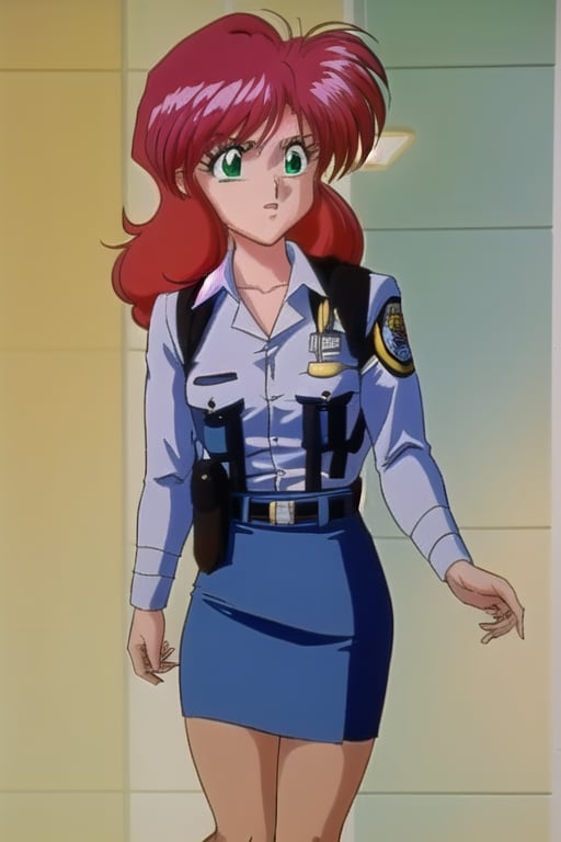 Redhair,Nene,90s anime, green eyes, light blue shirt, dark blue skirt, full leg stockings, 80s police office