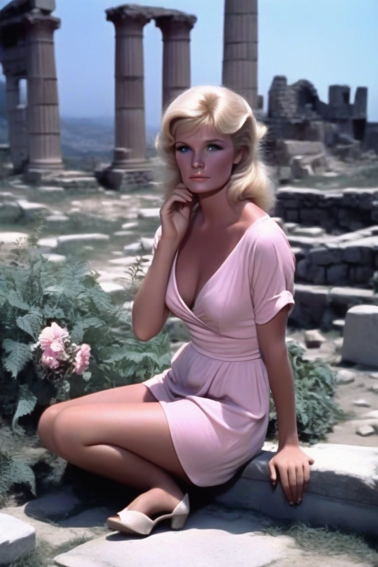 Weena,Yvette Mimieux,blonde,Blue eyes.
Soft pink open cleavage short dress, legs, sit in greek ruins, flowers, plants, lost in her thoughts