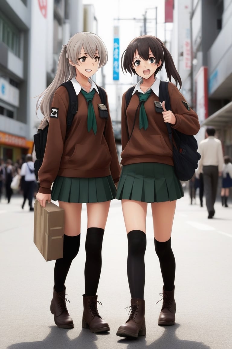 2girls,  suzuya, kumano, long hair, brown sweater, school uniform jacket, miniskirt, black socks, black military boots, talking, walking, akihabara, happy,anime,kancolle