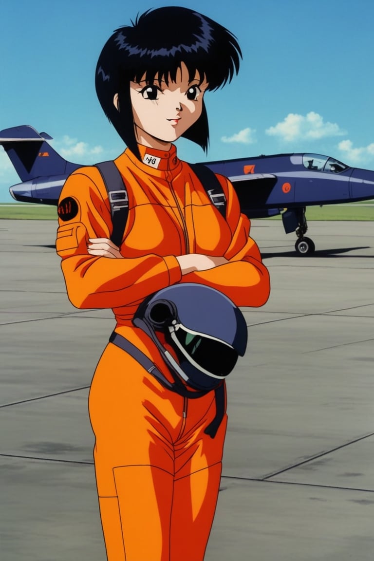 mitaka, black hair, short hair, orange_fligtsuit, airfield, retro_artstyle, 90s,90s,retro artstyle