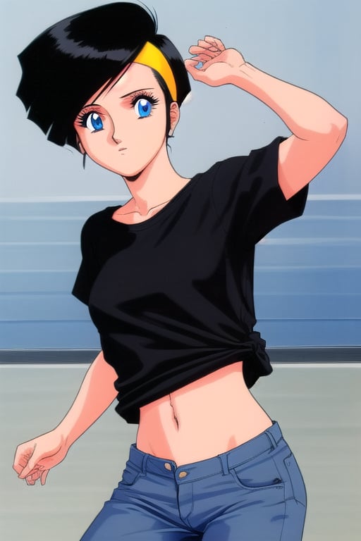 Linna,Short black hair,Hairband,Blue eyes, loose tshirt, navel, jeans, 80s tokyo