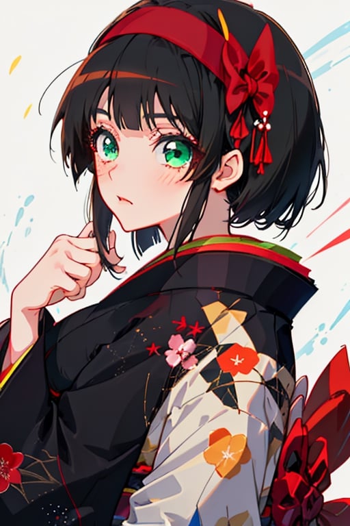 woman,Mio, kimono, normal breasts, black hair, short hair, red hairband, green eyes.
Little girl, blue eyes, kimono, black hair, long hair, hugging Mio