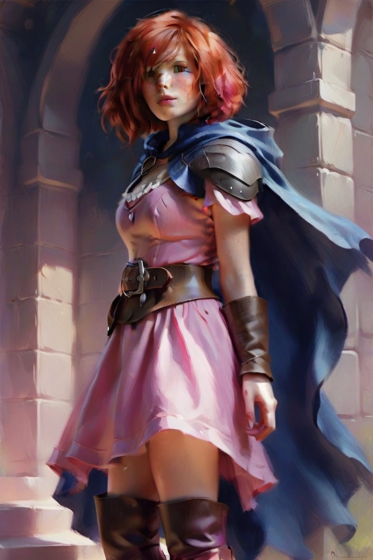 Sheila,Red hair,Freckles,pink dress,sash,high leather boots,dark blue cape,Hood, short hair