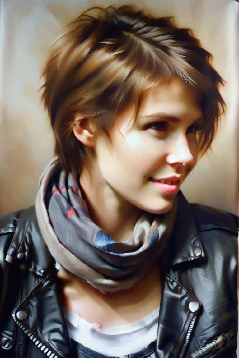 DominoK,short hair,light brown hair,tshirt,navel,black leather jacket,low torn jeans,scarf, half smile, close up