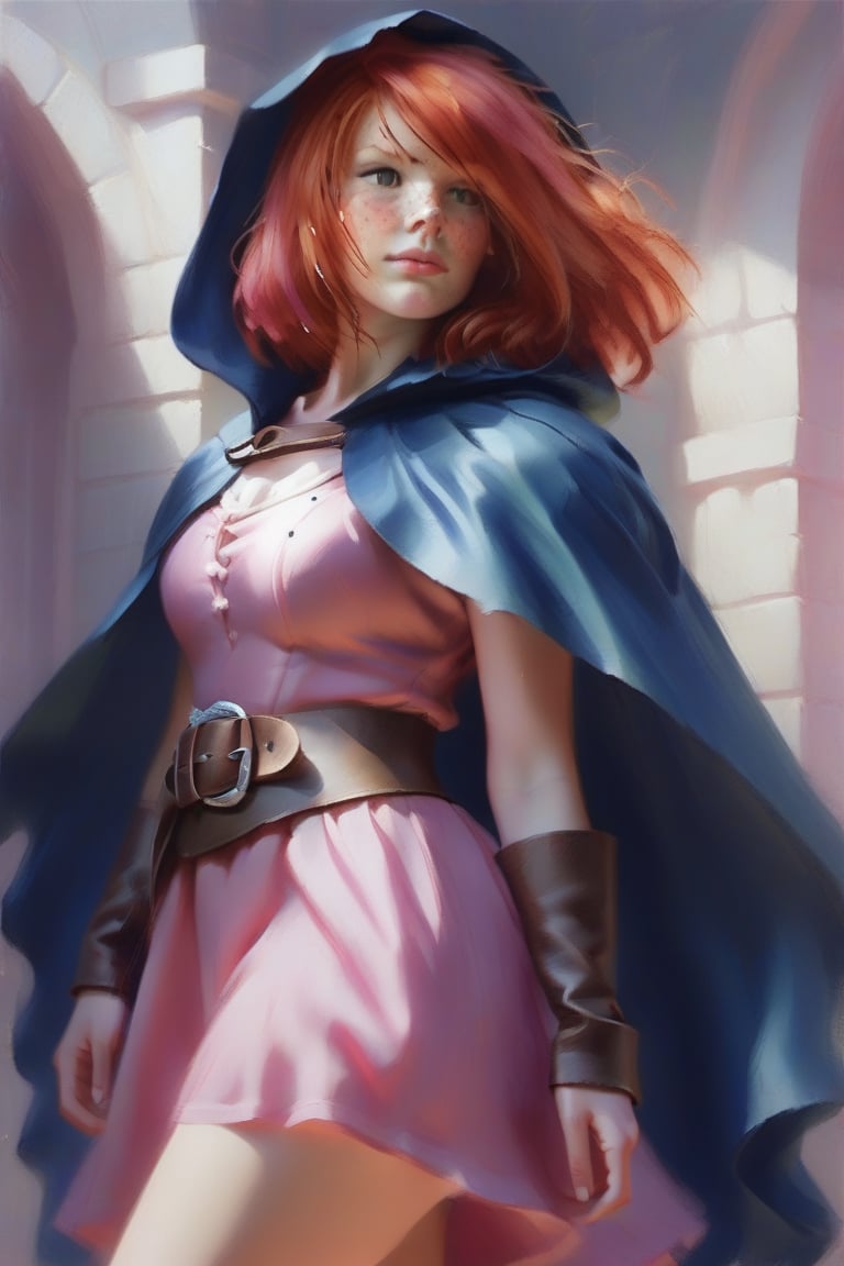 Sheila,Red hair,Freckles,pink dress,sash,high leather boots,dark blue cape,Hood