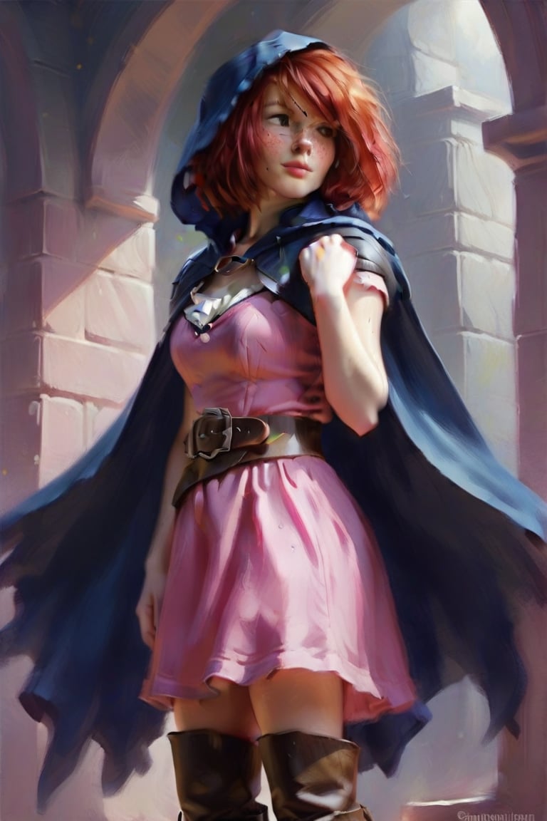 Sheila,Red hair,Freckles,pink dress,sash,high leather boots,dark blue cape,Hood, short hair