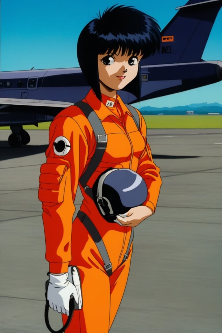 mitaka, black hair, short hair, orange_fligtsuit, airfield, retro_artstyle, 90s,90s,retro artstyle