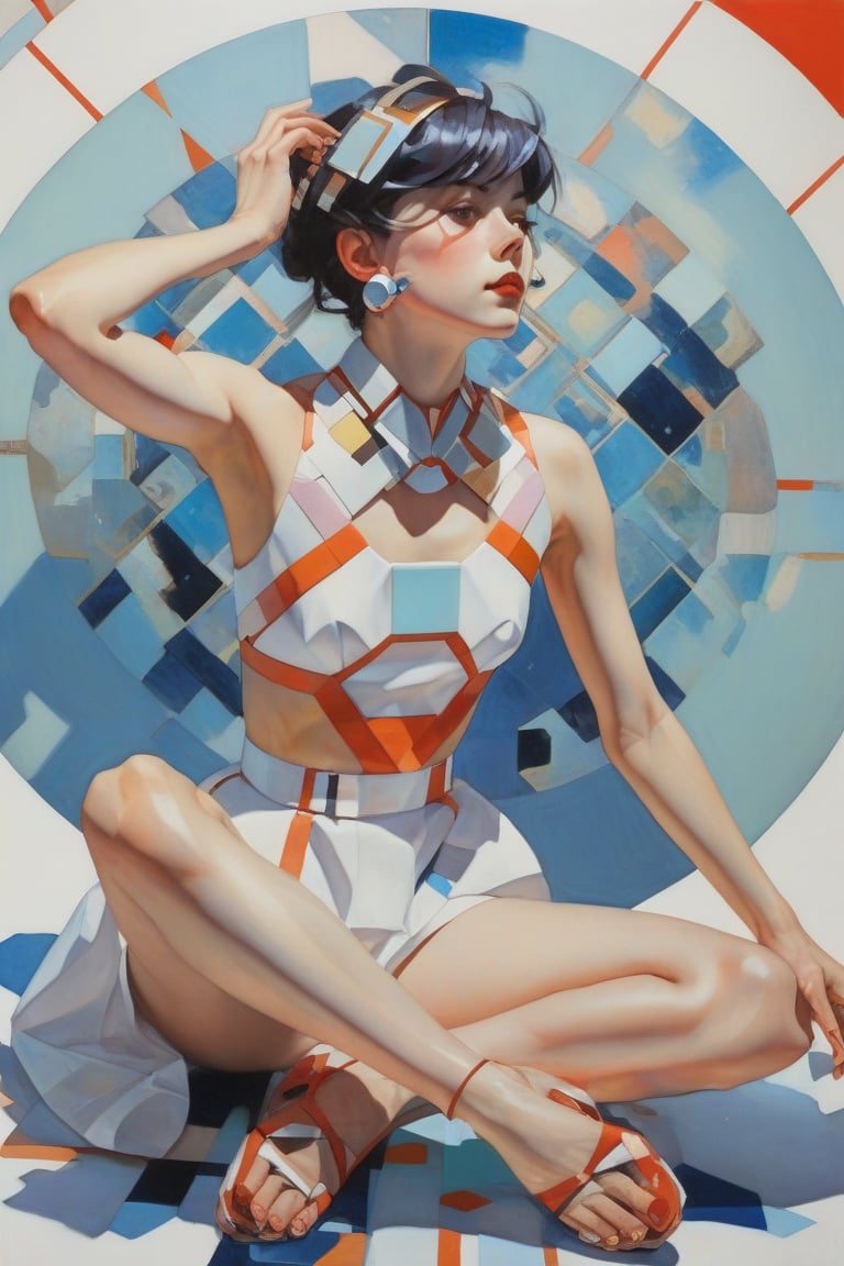 art by Makoto Shinkai, art by J C Leyendecker, norman rockwell, ilya kuvshinov, flat colors, gouache painting, 1girl, all  body shot , hypermaximalist, juxtapositions extraordinaire,(partially made out of geometric shape figures:1.4), inkblots, made of crystals, flat colors, flat style