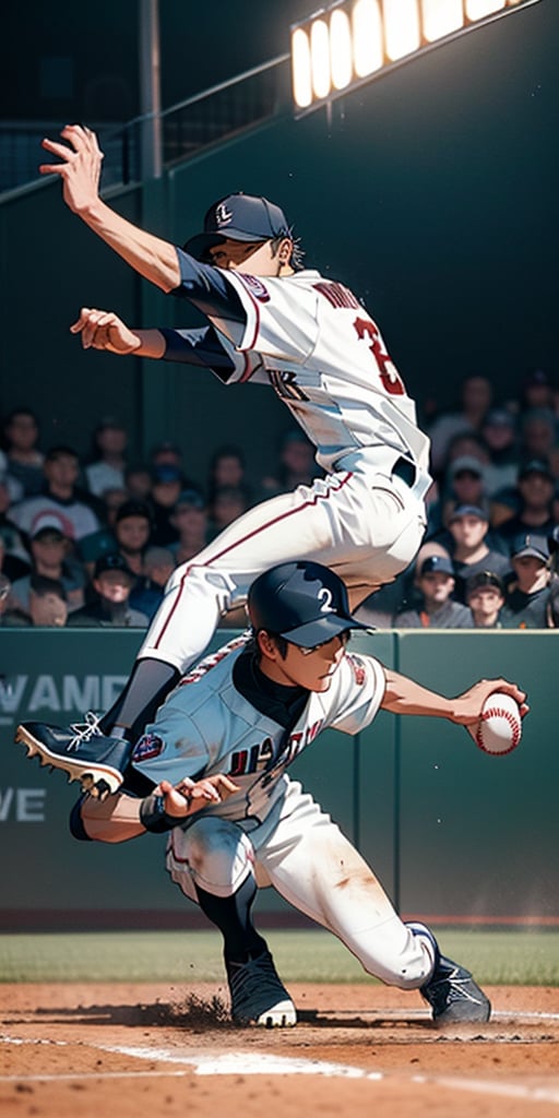 A realistic scene of a baseball player diving towards a base. The player is mid-air, arms outstretched, reaching for the base. The infielder is ready to catch the ball and tag the player out. The infield is well-groomed, with dirt flying up from the player's slide. The stadium is filled with cheering fans, under bright stadium lights. The sky is clear with a hint of sunset.