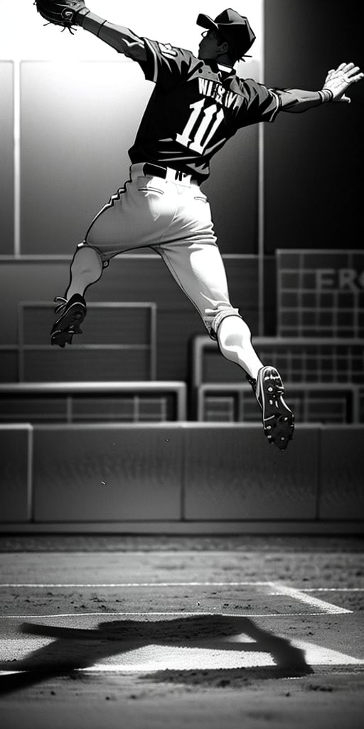 A realistic scene of a baseball player diving towards a base. The player is mid-air, arms outstretched, reaching for the base. The infielder is ready to catch the ball and tag the player out. The infield is well-groomed, with dirt flying up from the player's slide. The stadium is filled with cheering fans, under bright stadium lights. The sky is clear with a hint of sunset.