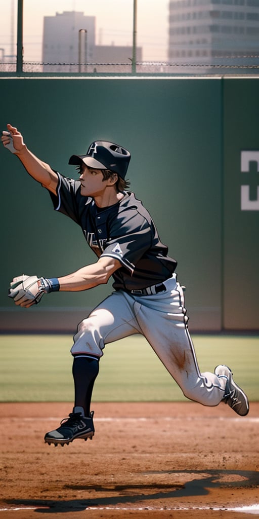 A realistic scene of a baseball player diving towards a base. The player is mid-air, arms outstretched, reaching for the base. The infielder is ready to catch the ball and tag the player out. The infield is well-groomed, with dirt flying up from the player's slide. The stadium is filled with cheering fans, under bright stadium lights. The sky is clear with a hint of sunset.